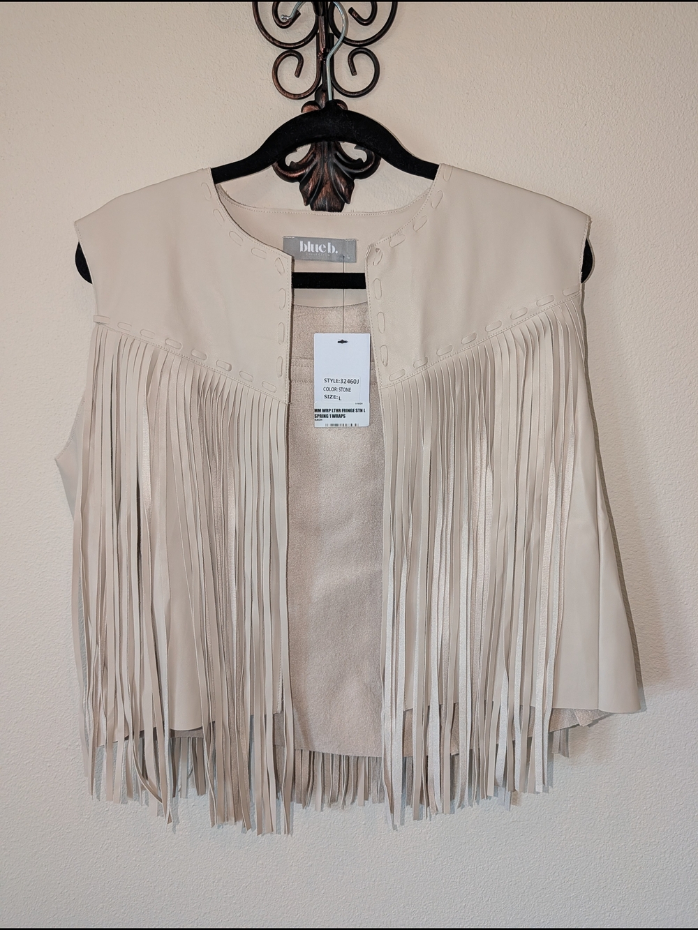 NWT: Blue B Collection Stone Faux Leather Fringe Western Vest Size Large
